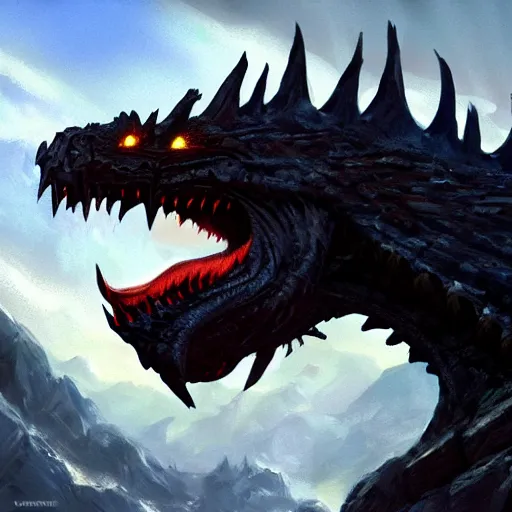 Image similar to Portrait of a terrible black dragon, mattepainting concept Blizzard pixar maya engine on stylized background splash comics global illumination lighting artstation by Ralph Horsley