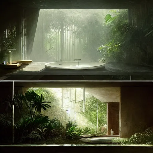 Image similar to exterior bathroom in the jungle designed by louis kahn, poetic architecture, greg rutkowski, digital painting, artstation