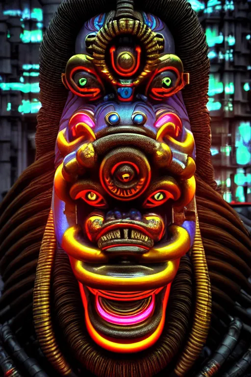Image similar to high quality 3 d render post - rococo cyberpunk hanuman! head building, neon madhubani, open mouth, highly detailed, in sci - fi mumbai, cinematic smooth unreal engine, lee madgwick & liam wong, dramatic light, low angle, uhd 8 k, sharp focus