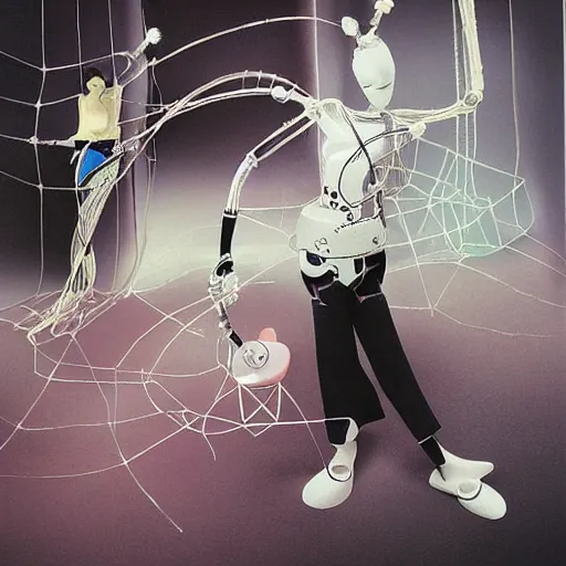 Image similar to ayatori cyberpunk, string figure, robot, lovers, illustration for dior by stina persson and yoshitaka amano