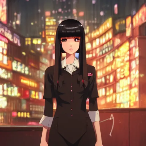 Prompt: a portrait of a beautiful girl with long straight black hair and bangs, wearing 1940's fashion, she has dark brown eyes and pale skin, she is facing towards the camera, city at nightime background, low-key neon lighting, 4k, HQ, official media, anime key visual, makoto shinkai and ilya kuvshinov, detailed, trending on artstation