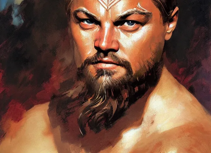 Prompt: a highly detailed beautiful portrait of leonardo dicaprio as kratos, by gregory manchess, james gurney, james jean