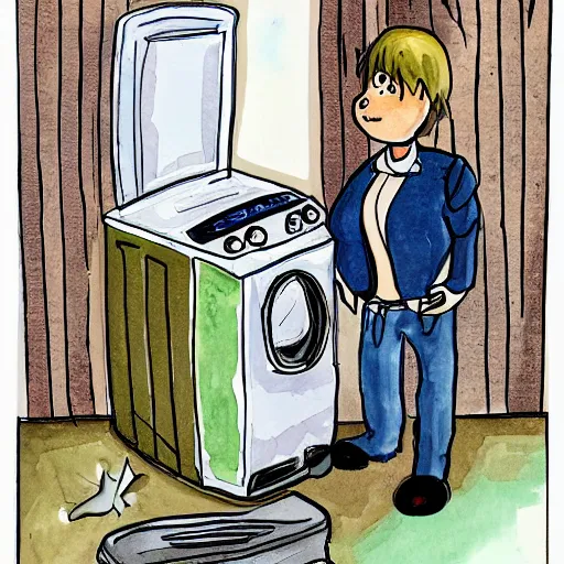 Image similar to childrens book illustration of a demon standing next to the washing machine in a basement, ink and watercolor