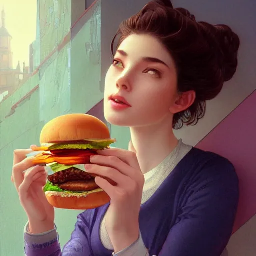 Prompt: an attractive serene cute android eating a hamburger, luscious sesame seed buns with extra ketchup pickles and onions, partially human , partially biomedical design , natural atmosphere, great high details, highly reaslitic, cinematic lighting, intricate, elegant, super highly detailed, art station, concept arD, beautiful, delicate, art by artgerm and greg rutkowski and alphonse mucha and loish and WLOP