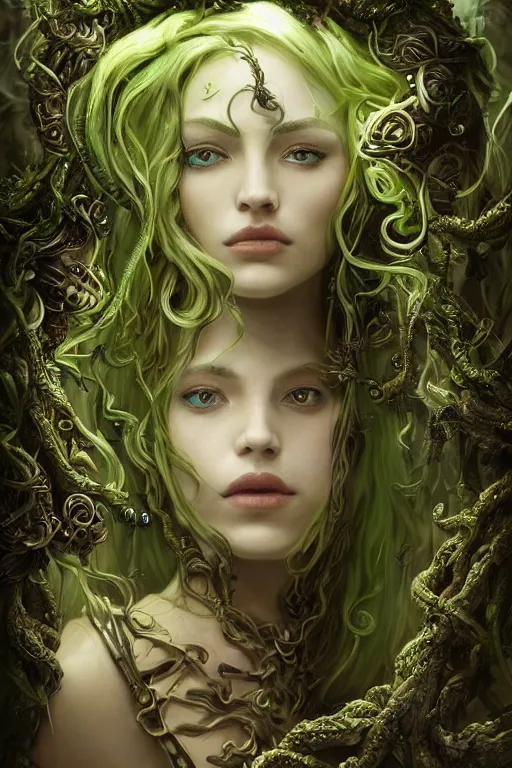 Image similar to a beautiful young woman, Vraska golgari queen, long flowing medusa hair, mostly green and leather pirate armor, young female face, vine like plants and jungle background, cinematic top lighting, insanely detailed and intricate, face by wlop, Charlie Bowater, golden ratio, symmetric, elegant, ornate, luxury, elite, matte painting, MTG, magic the gatheing, cinematic, cgsociety, 8k, high resolution