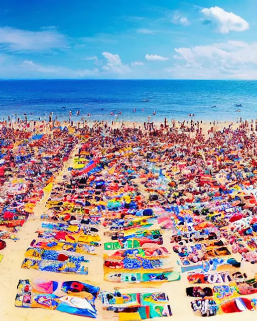 Image similar to thousands of hippie sunbathers on a beach, together form a peace symbol, photorealistic