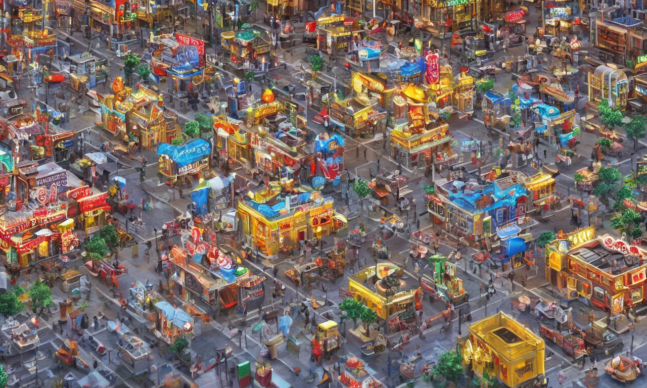 Prompt: miniature diorama of a busy 1950s city square, vivid colors, high details, cinematic, 8k resolution, beautiful detailed, photorealistic, digital painting, artstation, concept art, smooth, sharp focus, illustration, fantasy background, artstation trending, octane render, unreal engine