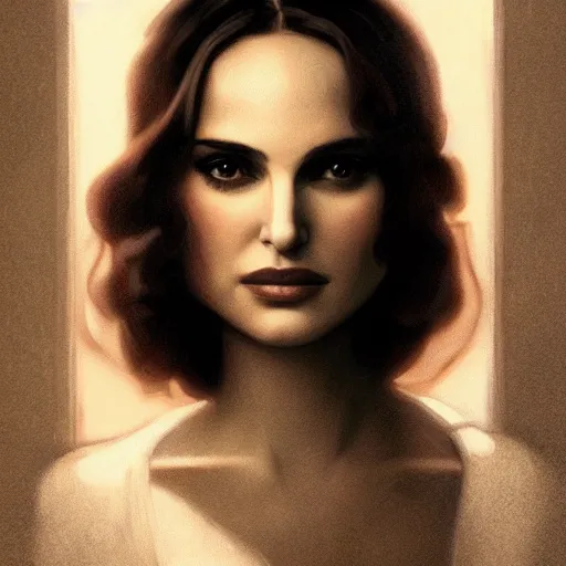 Prompt: a closeup portrait of a young natalie portman, 1 9 2 0 s, femme fatale, detective thriller, gorgeous view, night, film noir, eerie, high detail, art by artgerm and greg rutkowski and alphonse mucha, digital art, trending on artstation