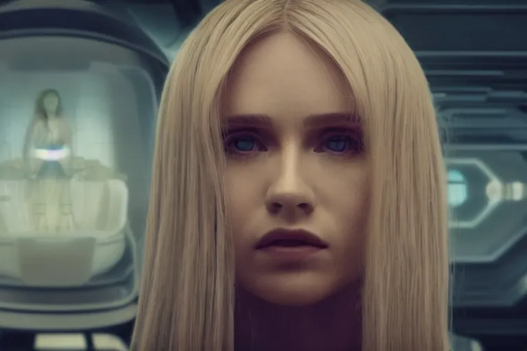 Image similar to a still from bladerunner 2 0 4 9 depicting a medium shot photograph of a beautiful woman with blonde hair. she stands inside a futuristic pod shaped immortality machine. she stares intently into the camera with a hungry expression. sci fi, futuristic, cinematic, low light, soft focus.