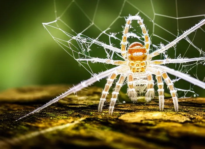 Prompt: super macro of a clear crystal spider with lcd monitor, in the forest. Fantasy magic style. Highly detailed 8k. Intricate. Nikon d850 300mm. Award winning photography.