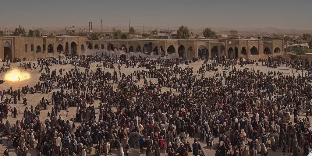 Prompt: People celebrating the end of the war against the biqlogians from Betelgeuse, everyone is outside at Silica Square, Isfahan April 2134. cinematic lighting, high quality 8k hd, oil on canvas, hyperralistic art