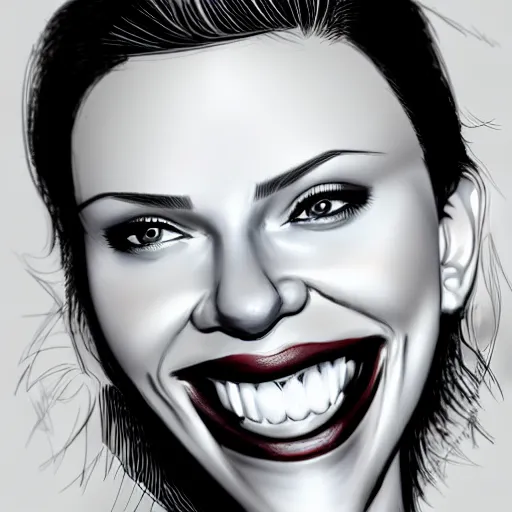 Image similar to caricature of scarlett johansson, closeup of face, smiling with huge mouth, big cheekbones, sharp jaw, exaggerated features, highly detailed, drawing by mahesh nambiar, sebastian kruger, archille superbi, carola rubio, artstation