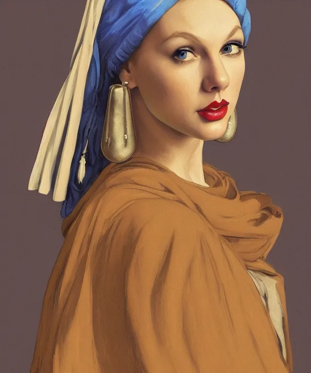 Image similar to Taylor Swift as the girl with the pearl earring, highly detailed, digital painting, artstation, concept art, smooth, sharp focus, illustration, ArtStation, art by artgerm and greg rutkowski and alphonse mucha and J. C. Leyendecker and Edmund Blair Leighton and Katsuhiro Otomo and Geof Darrow and Phil hale and Ashley wood and Ilya repin and Charlie Bowater