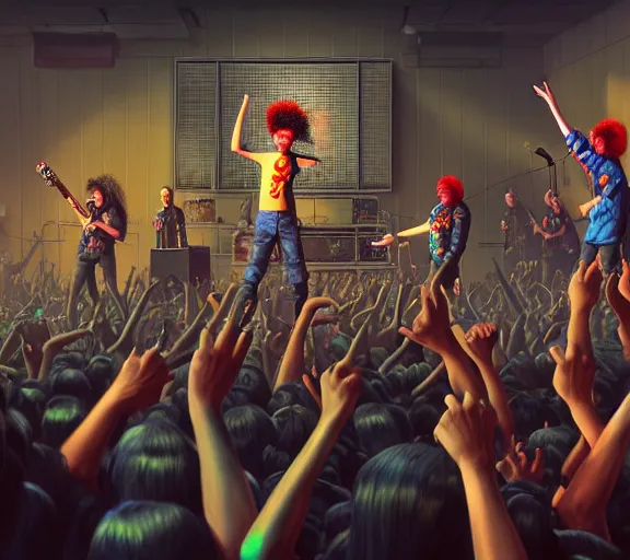 Image similar to 4 punks in school uniform with mohawks stand on stage with guitars and drums and microphones and yell day, foreground fight of ravers and punks, by marc simonetti, tyler edlin, deviantart, ray tracing, octane render, digital art, realistic, high quality, 8 k