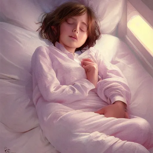 Image similar to little girl in pajamas sleeping, realistic portrait, highly detailed, digital painting, artstation, concept art, smooth, sharp focus, illustration, cinematic lighting, art by artgerm and greg rutkowski and alphonse mucha