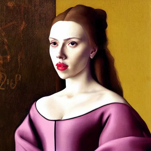 Image similar to A portrait of Scarlett Johansson painted by Johannes Vermeer