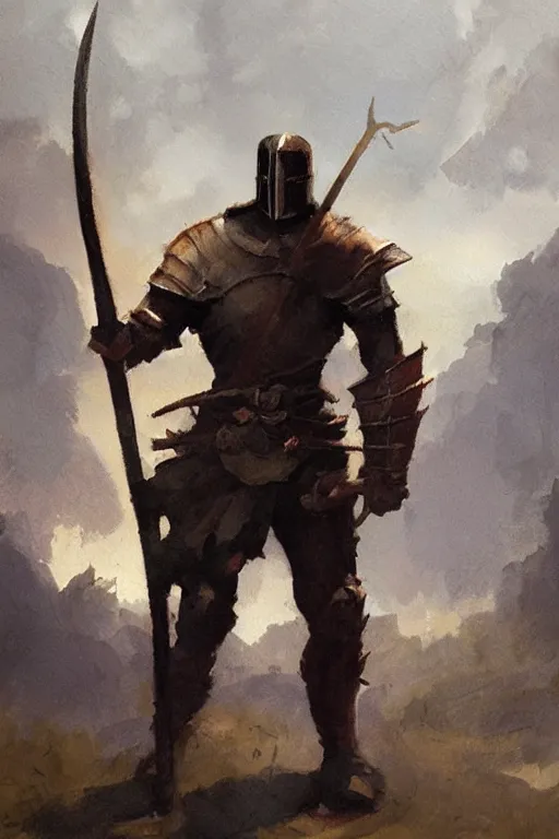 Prompt: a knight holding an axe, leaning against axe concept art in style of Greg Rutkowski, painted by Frank Frazetta, John Singer Sargant
