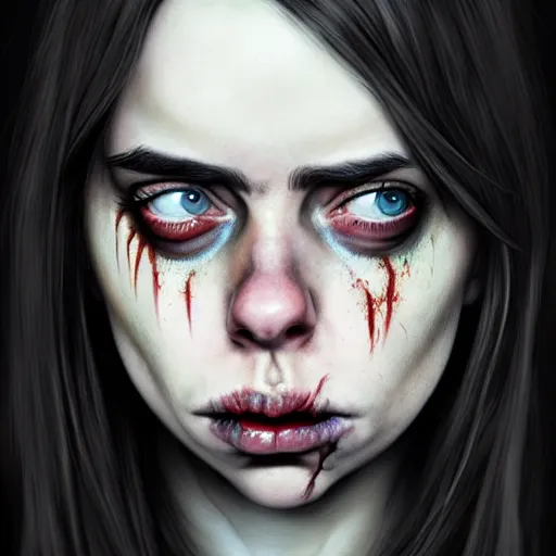 Image similar to gorgeous female Billie Eilish zombie, realistic character concept, medium shot, sarcastic pose, spooky, illustration, horror, symmetrical face and body, realistic eyes, artstation, cinematic lighting, hyperdetailed, detailed realistic symmetrical eyes, cgsociety, 8k, high resolution, Charlie Bowater, Tom Bagshaw, Norman Rockwell, single face, insanely detailed and intricate, beautiful, elegant, graveyard background, vfx, postprocessing