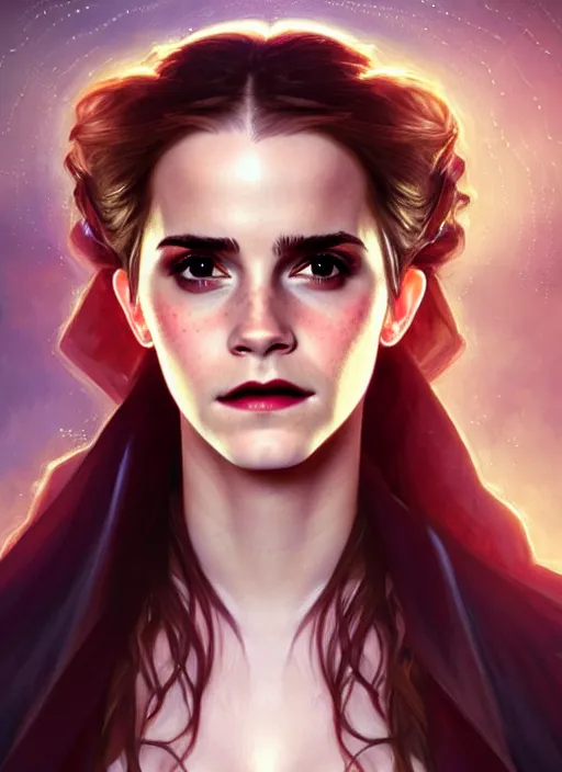 Image similar to portrait of emma watson as a vampire queen, jewelry, greek, saphire, intricate, headshot, highly detailed, digital painting, artstation, concept art, sharp focus, cinematic lighting, illustration, art by artgerm and greg rutkowski, alphonse mucha, cgsociety