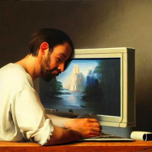 Prompt: masterpiece painting of a 3d artist sad, crouched and desperate looking at the computer screen with Autodesk Maya opened, oil on canvas, renaissance