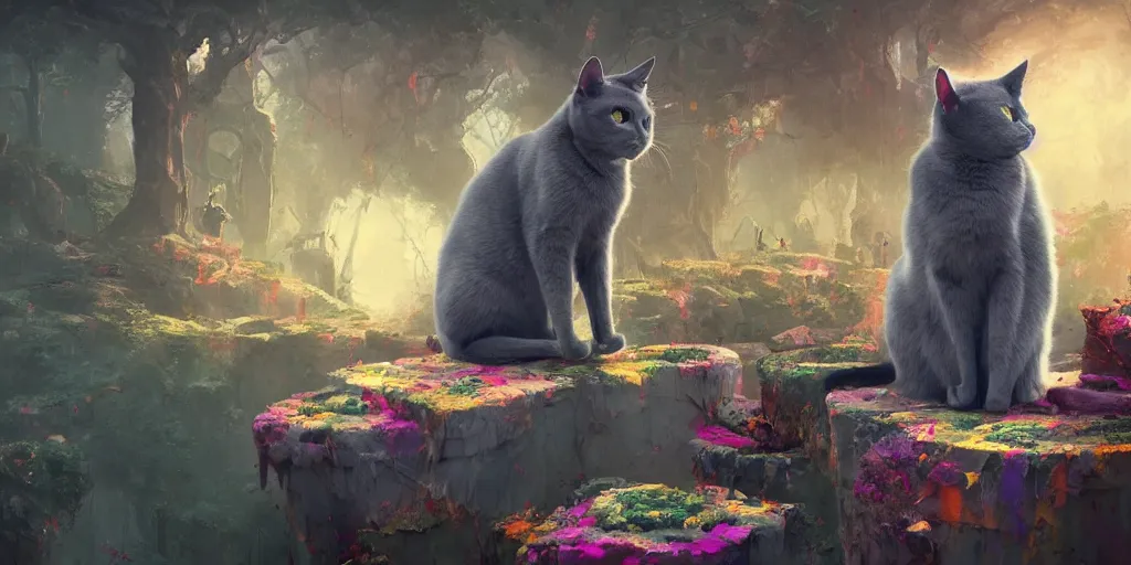 Image similar to beautiful grey cat is sitting in heaven, happy, colorful, contrast, 3 d scene, greg rutkowski, zabrocki, karlkka, jayison devadas, trending on artstation, 8 k, ultra wide angle, zenith view, pincushion lens effect