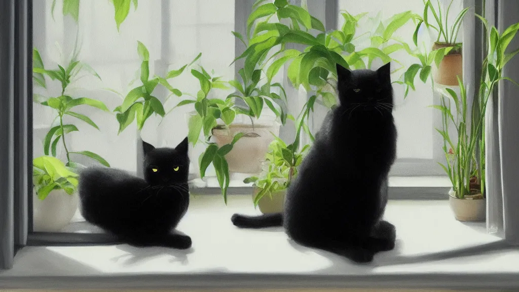 Prompt: peaceful dreamy painting of a black cat sitting by a window and looking outside, a tabby cat outside the window, sunshine coming through the window, small plants on the window sill, 8k, hyper realism, trending on artstation, octane render