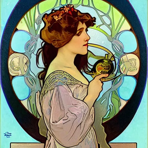 Image similar to art nouveau painting by Alphonse Mucha of a beautiful female scientist in 1920s dress holding a sparkling round bottomed flask of blue liquid up to the light. The woman is framed with flowers. Soft, muted colors.