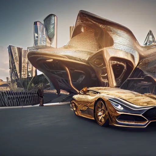 Image similar to car race: center composition, cars portraits, low camera angle, motherboard forms designed by zaha hadid, sci-fi futuristic ultra realistic photography, shot by Andrei Tarkovsky, keyshot render, octane render, unreal engine 5 lumen, high oiled liquid glossy specularity reflections, ultra detailed, golden hour, dramatic lighting 4k, 8k, 16k in the style ofblade runner 2049 Cyberpunk 2077 ghost in the shell thor 2 marvel film : tilt shift: sharp focus