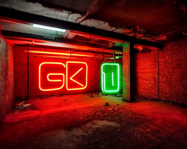 Image similar to An abandoned industial basement lit by a neon sign that says GAK, GAK sign, basement, cinematography by Robby Müller, GAK basement, industrial