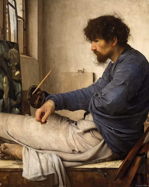 Image similar to an exhausted painter in his studio by edgar maxence and caravaggio and michael whelan, intricate painting, hyper realistic, extremely detailed and beautiful aesthetic face, 8 k resolution