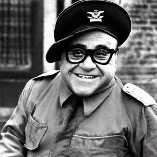 Prompt: archive photo still of Danny Devito in world war II