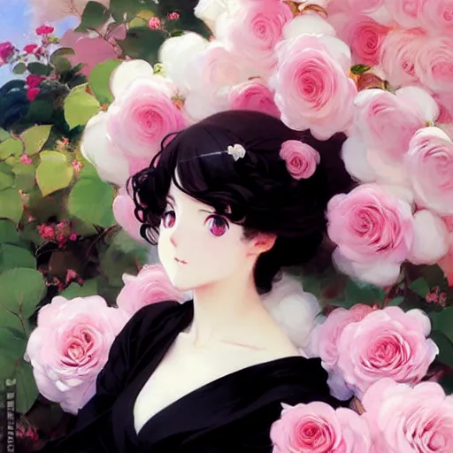 Prompt: beautiful rose anime white - hair girl in elegent black dress, laying on roses, krenz cushart, mucha, ghibli, by joaquin sorolla rhads leyendecker, by ohara koson