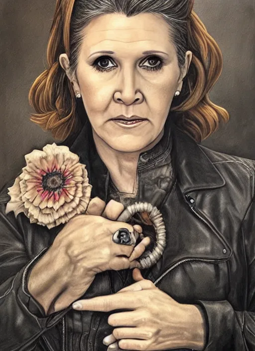 Image similar to portrait of carrie fisher, gritty, dark, wearing a leather jacket, very detailed eyes, hyperrealistic, very detailed painting by Glenn Fabry, by Joao Ruas, by Artgerm