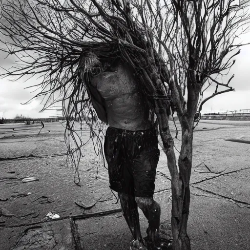 Prompt: The installation art shows a man caught in a storm, buffeted by wind and rain. He clings to a tree for support, but the tree is bent nearly double by the force of the storm. The man's clothing is soaked through and his hair is plastered to his head. His face is contorted with fear and effort. Babylonian by Bruno Munari, by Kazuo Koike energetic