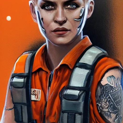 Image similar to character concept art of heroic stoic emotionless butch blond handsome woman space explorer with detailed tribal chin tattoos, dirty and injured, very short slicked - back butch hair, narrow eyes, wearing atompunk jumpsuit, orange safety vest, retrofuture, highly detailed, science fiction, illustration, oil painting, realistic, lifelike, pulp sci fi, cinematic