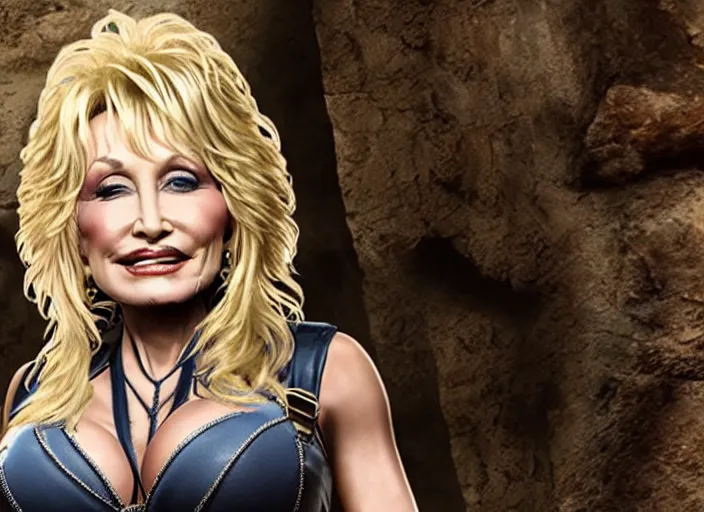 Image similar to film still of!!!! dolly parton!!! as lara croft in new tomb raider movie, 8 k