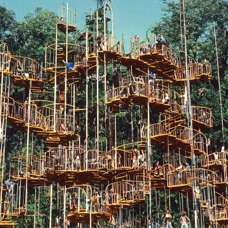 Image similar to full - color closeup 1 9 7 0 s photo of a large complex very - dense very - tall many - level jungle - gym in a crowded schoolyard. the jungle - gym is made of dark - brown wooden planks, and black rubber tires. it has many wooden spiral staircases, high bridges, ramps, and tall towers.