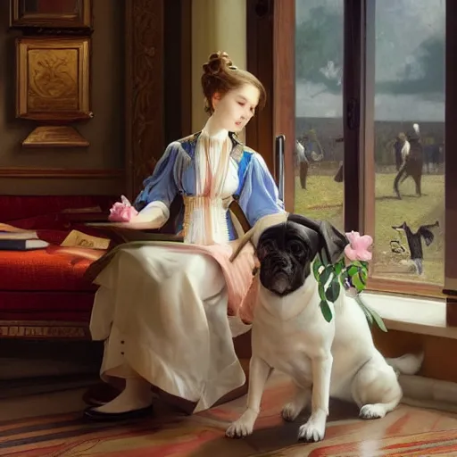 Image similar to a dog watching tiktok on iphone, oil on canvas artstation by J. C. Leyendecker and Edmund Blair Leighton and Charlie Bowater octane render