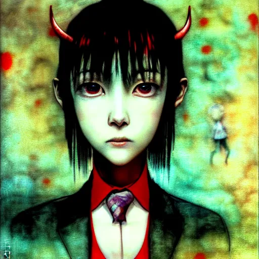 Image similar to yoshitaka amano blurred and dreamy realistic three quarter angle horror portrait of a sinister young woman with short hair, horns and red eyes wearing office suit with tie, junji ito abstract patterns in the background, satoshi kon anime, noisy film grain effect, highly detailed, renaissance oil painting, weird portrait angle, blurred lost edges