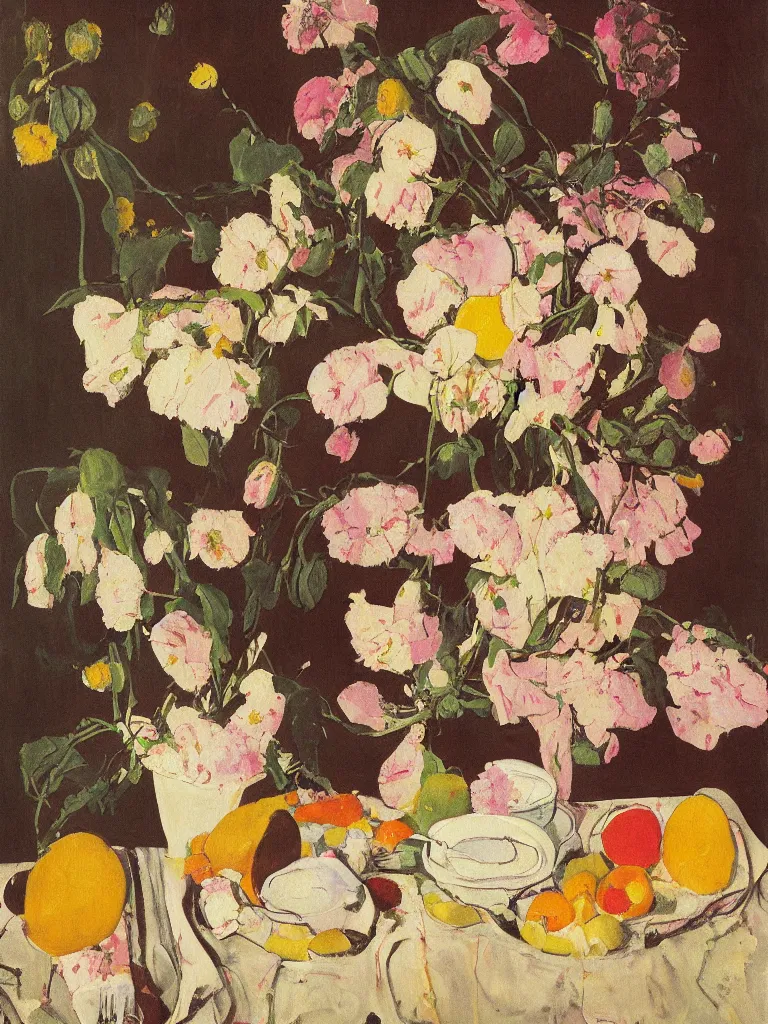 Image similar to a surreal painting of a breakfast still life, flowers, by George Baselitz, symbolist, soft colors, dramatic lighting, smooth, sharp focus, extremely detailed, aesthetically pleasing composition