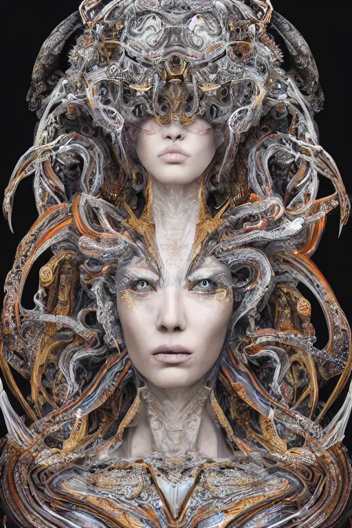 Image similar to hyper-realistic ultra-detailed maximalist and dramatic elegant luxury alien empress made of marble portrait by igor goryunov and heidi taillefer inspired by andrei riabovitchev and patricio clarey Rendered by binx.ly 8k. Generative art. Fantastic realism. Scifi feel. Extremely Ornated. Intricate and omnious. Tools used: Blender Cinema4d Houdini3d zbrush. Unreal engine 5 Cinematic. Beautifully lit. No background. artstation. Deviantart. CGsociety.