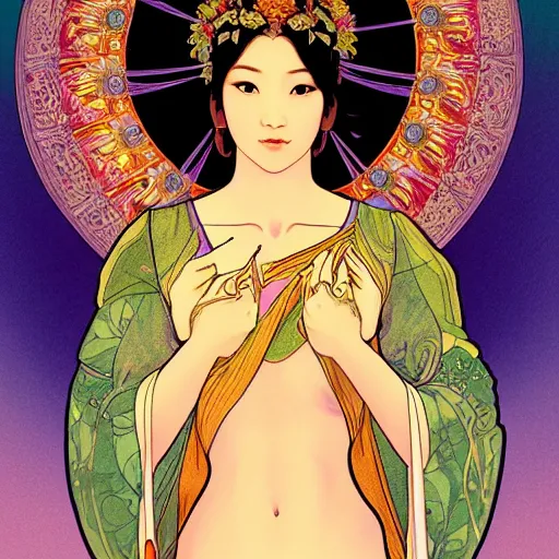 Prompt: a portrait of a very beautiful Asian goddess with halo behind her head, in the style of WLOP and Alphonse Mucha and Ross Tran, facing the camera, dramatic lighting