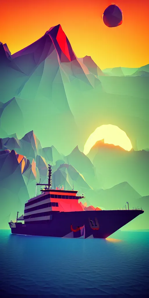 Prompt: super detailed color art, big graphic fishing ship on sunset view with polygonal mountains, unreal engine, high contrast color palette, 3 d render, lowpoly, colorful, digital art, perspective, full volume composition, syd mead