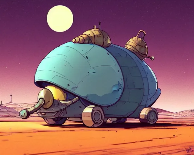 Image similar to a study of cell shaded cartoon of a mechanized snail on a desert road, in front of a big moon illustration, wide shot, muted colors, post grunge, concept art by josan gonzales and wlop, david rubin, mike mignola, laurie greasley, highly detailed, sharp focus, trending on artstation, hq, deviantart, art by artgem