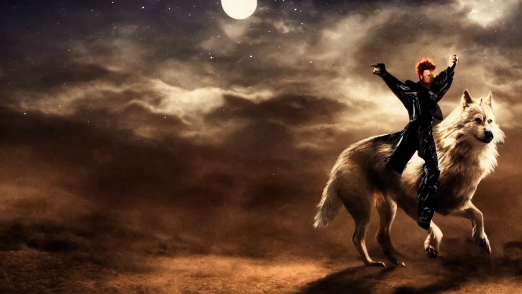 Prompt: Beautiful epic cinematography of David Bowie riding a giant wolf at night