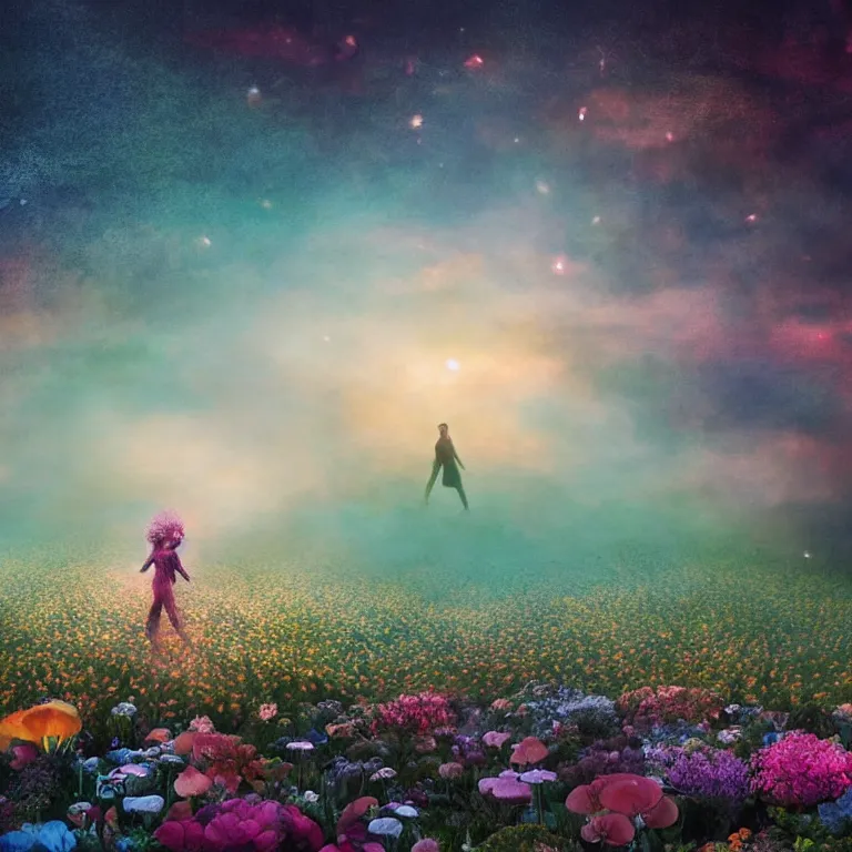 Image similar to a planet of various flowers, fungus and plants, in which the singular human figure is dressed in something magical and impressive, inside the picture is infinity, sunset light, Atmospheric phenomenon, artistic photography, muted colors, conceptual, long exposure outside the city, volumetric light