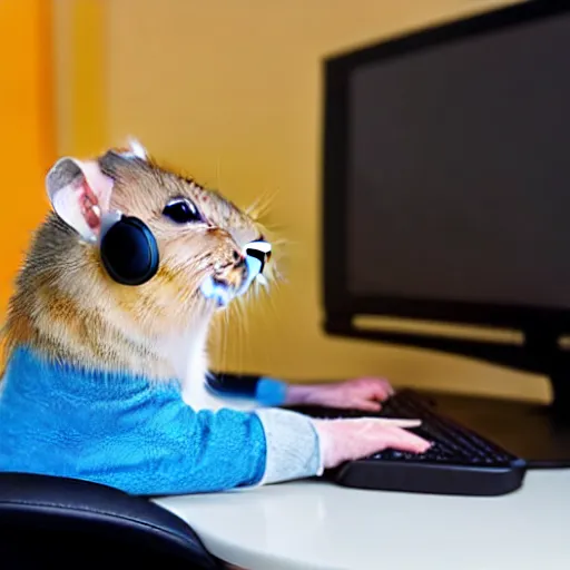 Image similar to hamster playing computer. hamster in gaming headphones. hamster sitting on gaming chair. beside view.