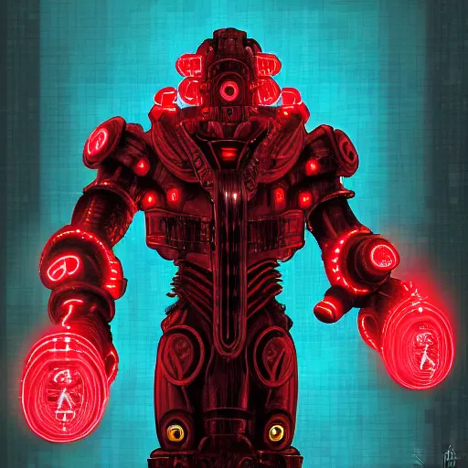 Prompt: Shodan from System Shock as Atlas from Bioshock, digital art