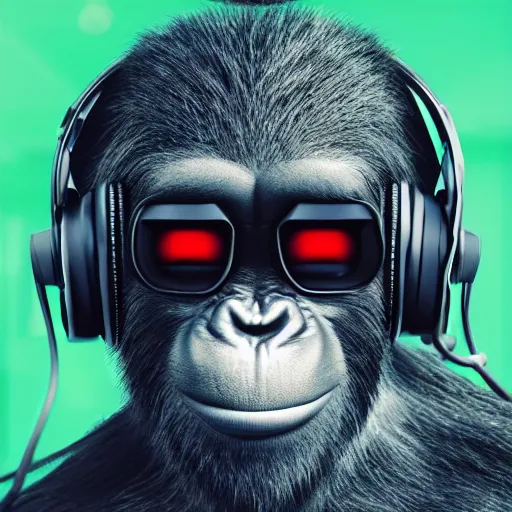 Prompt: a detailed portrait of a cyber punk ape wearing headphones, 8 k