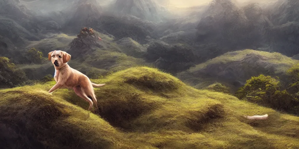 Prompt: breathtaking detailed concept art painting of a dog on the top of a hill. beneath the hill is a tiny village, by hsiao - ron cheng, extremely moody lighting, 8 k